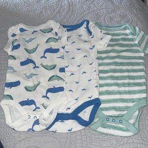 Cloud island 3-6 months one Piece. 3 one pieces beach, whales, stripe blue green